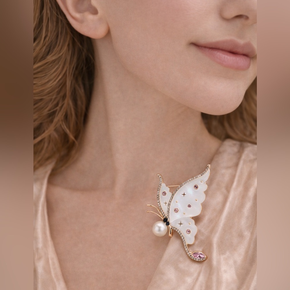 Whimsical White Butterfly Gold Brooch